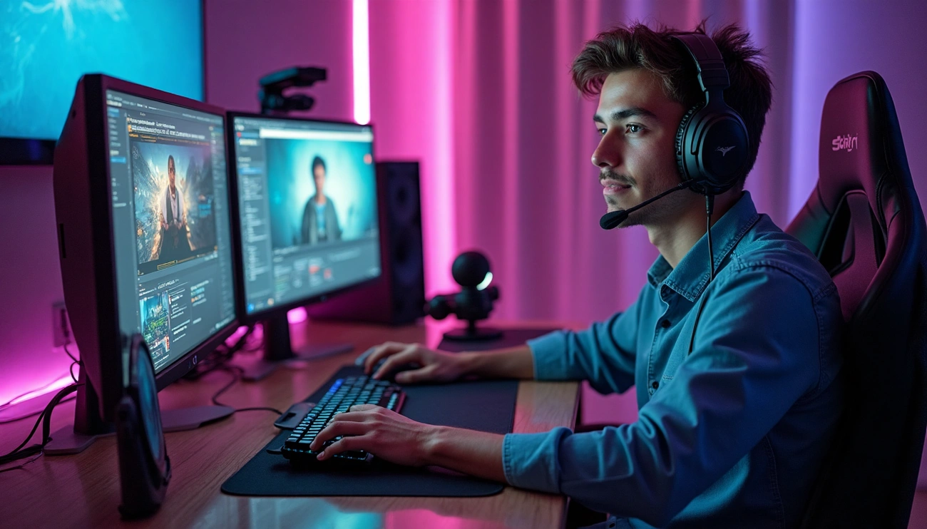 A gamer sitting and streaming while he is gaming